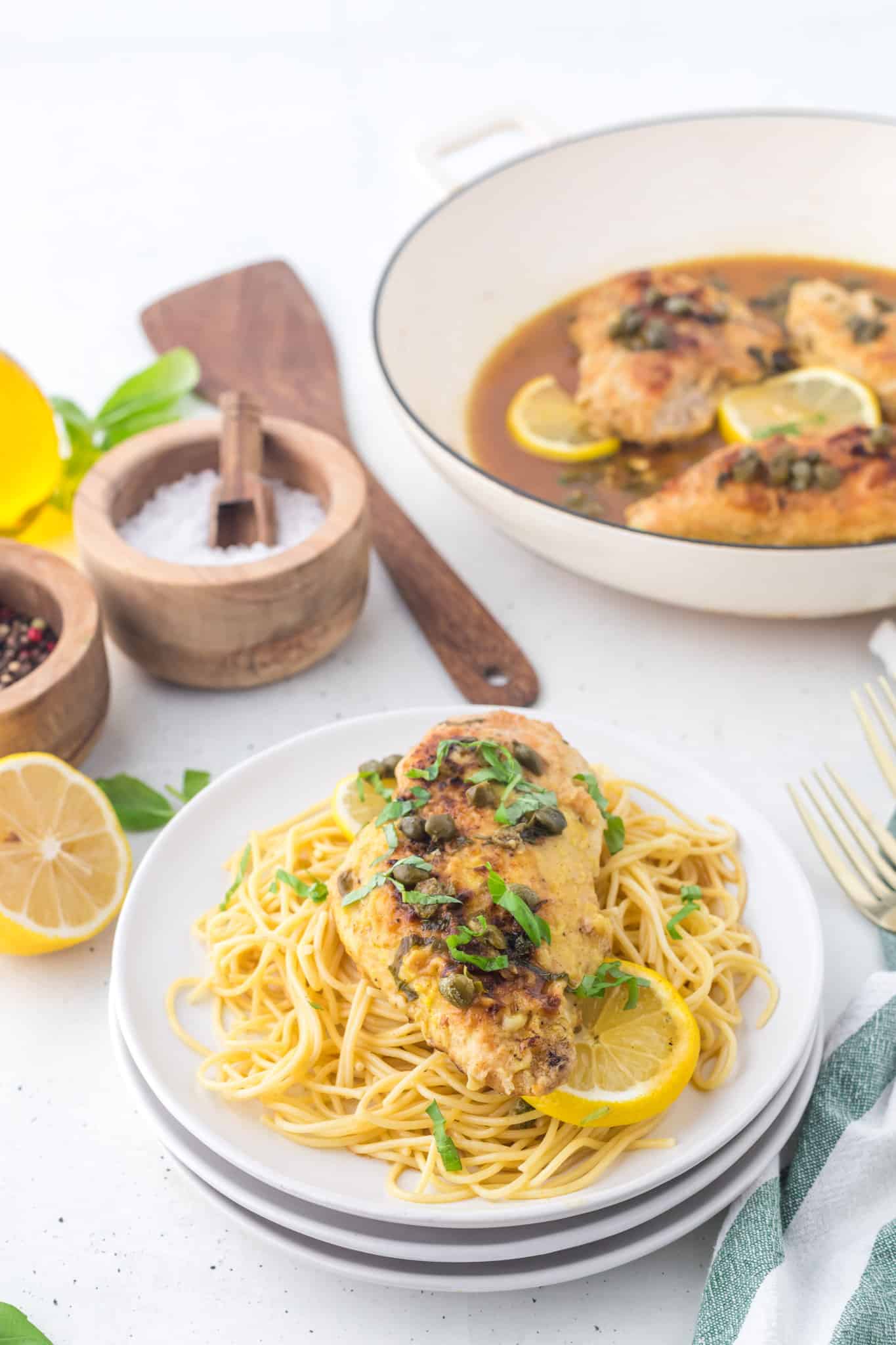 Chicken Piccata is a delicious chicken dinner recipe using boneless, skinless chicken breasts dredged in flour, cooked until golden browned and served in a tasty lemon sauce with capers.