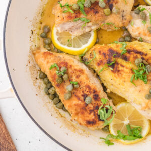 Chicken Piccata is a delicious chicken dinner recipe using boneless, skinless chicken breasts dredged in flour, cooked until golden browned and served in a tasty lemon sauce with capers.