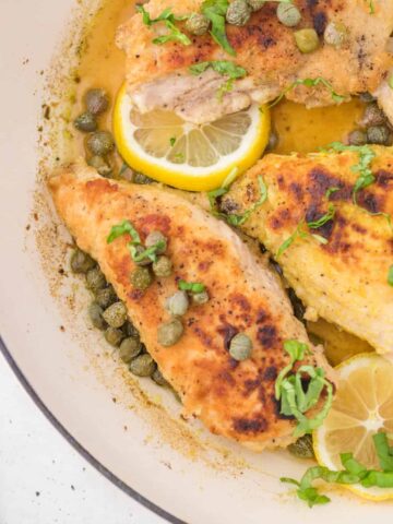 Chicken Piccata is a delicious chicken dinner recipe using boneless, skinless chicken breasts dredged in flour, cooked until golden browned and served in a tasty lemon sauce with capers.
