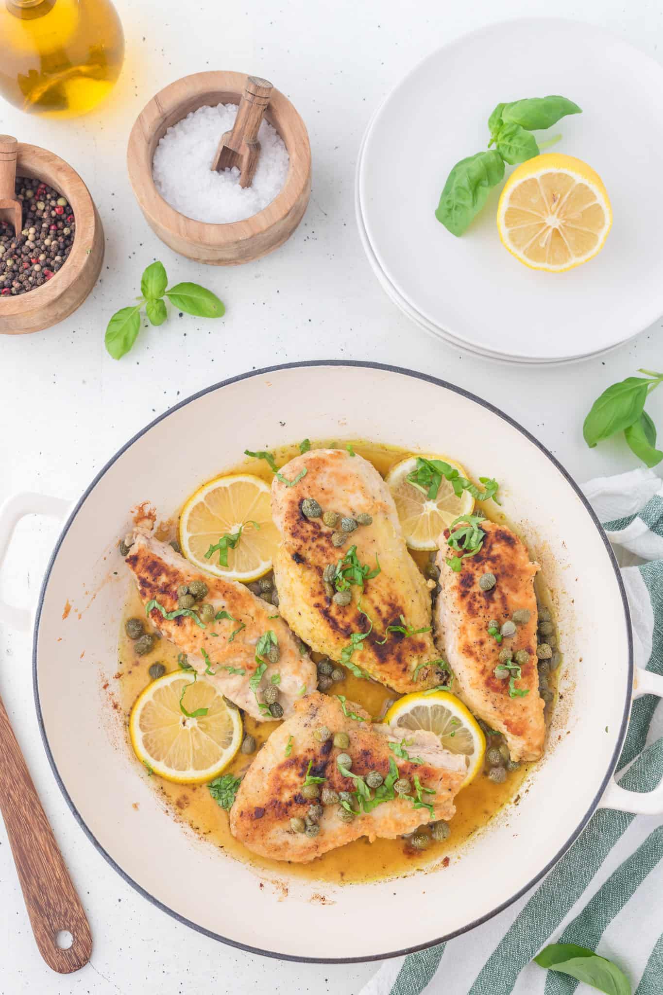 Chicken Piccata is a delicious chicken dinner recipe using boneless, skinless chicken breasts dredged in flour, cooked until golden browned and served in a tasty lemon sauce with capers.