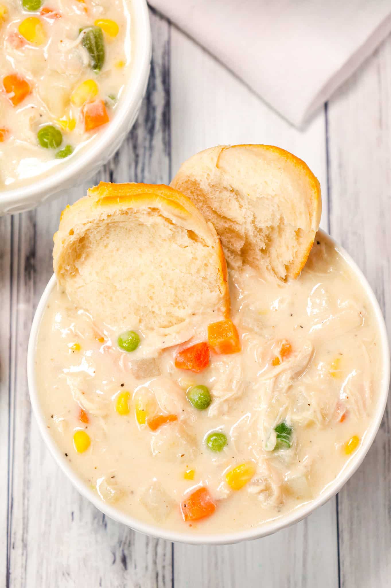 Chicken Pot Pie Soup is a hearty creamy soup recipe loaded with shredded rotisserie chicken and frozen mixed vegetables.