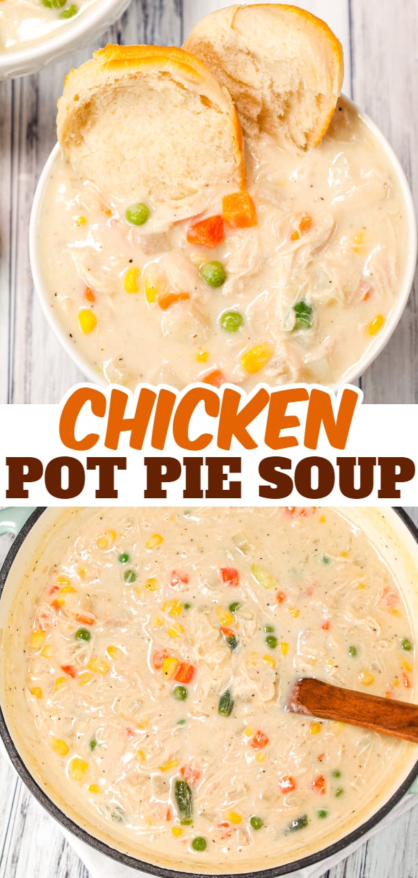 Chicken Pot Pie Soup is a hearty creamy soup recipe loaded with shredded rotisserie chicken and frozen mixed vegetables.