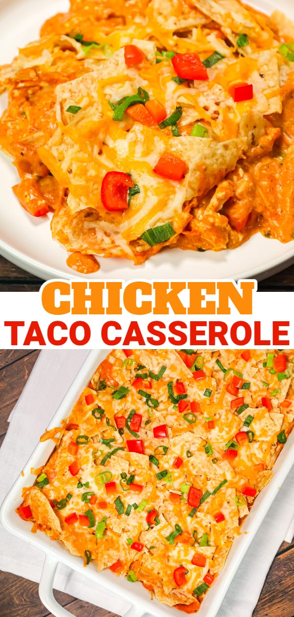Chicken Taco Casserole is an easy weeknight dinner recipe using rotisserie chicken tossed with, cream cheese, cream of chicken soup, cheddar soup and salsa all topped with crumbled tortilla chips and cheese.