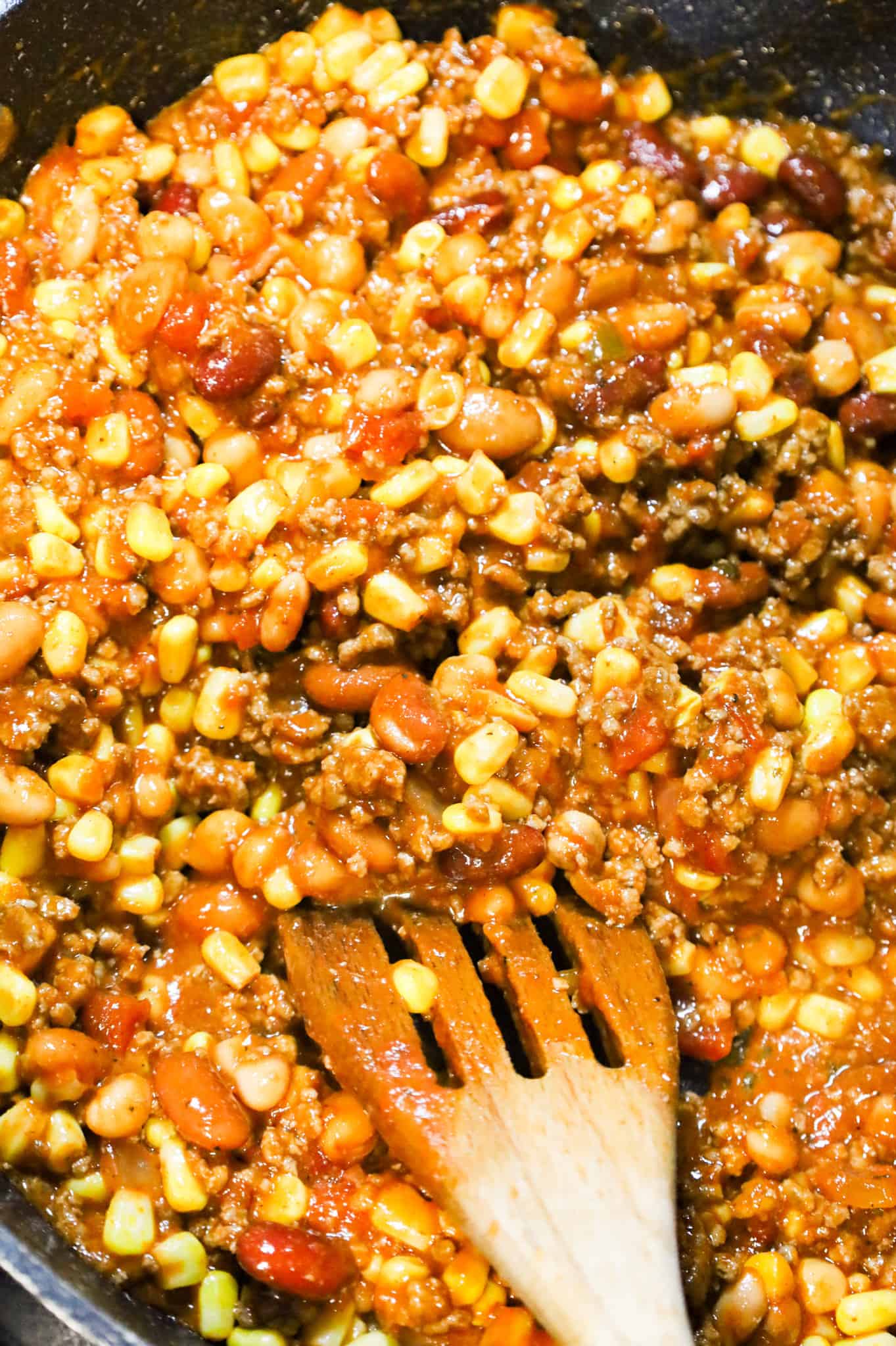corn, beans, salsa and ground beef mixture in a skillet