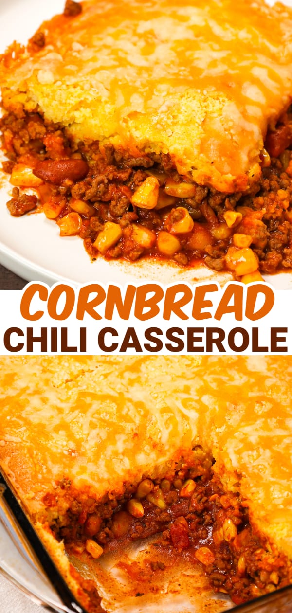 Chili Cornbread Casserole is an easy ground beef dinner recipe loaded with salsa, mixed beans, corn, chili seasoning and topped with cornbread and shredded cheese.