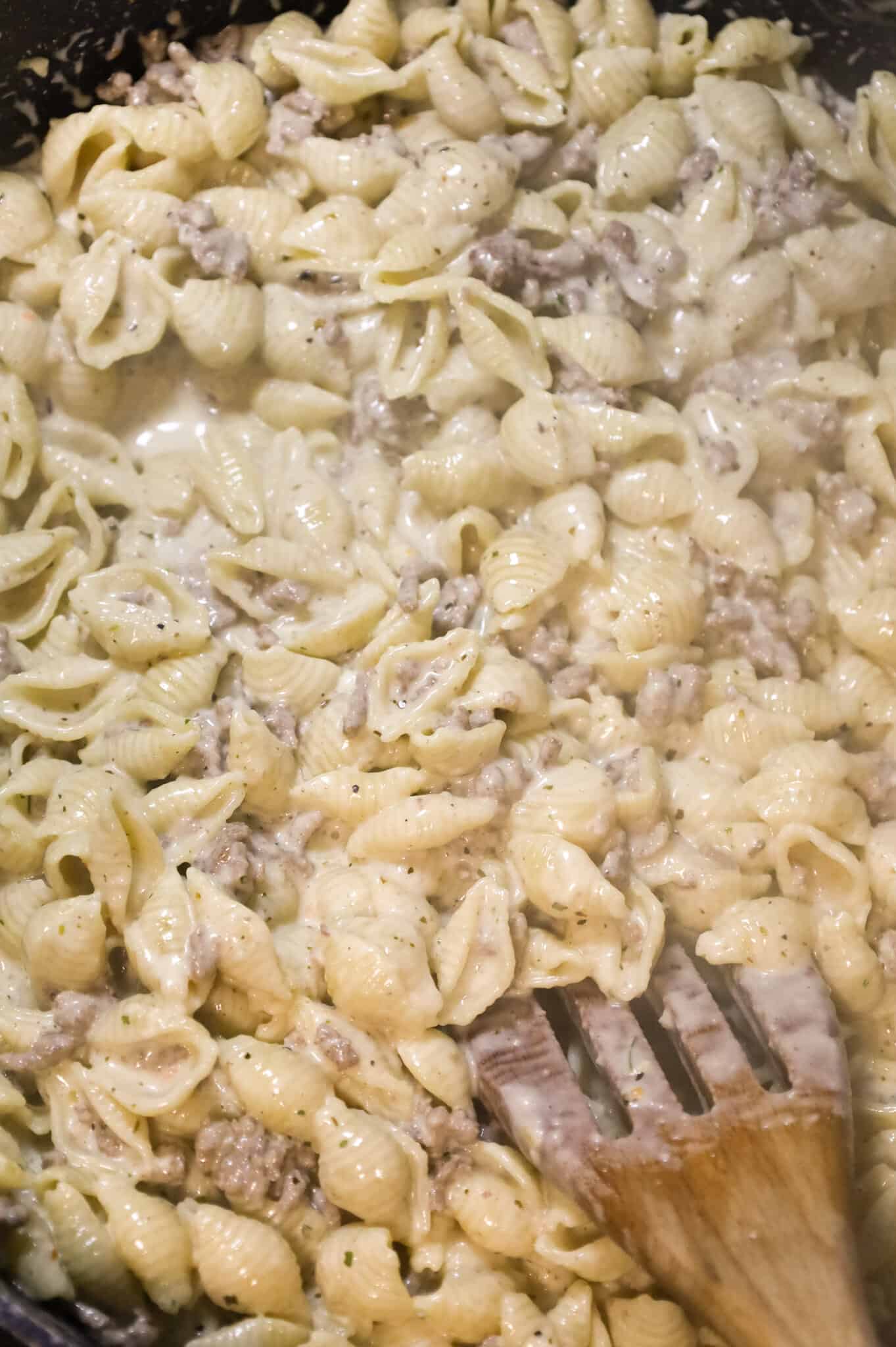 ground beef and pasta shells in cream sauce