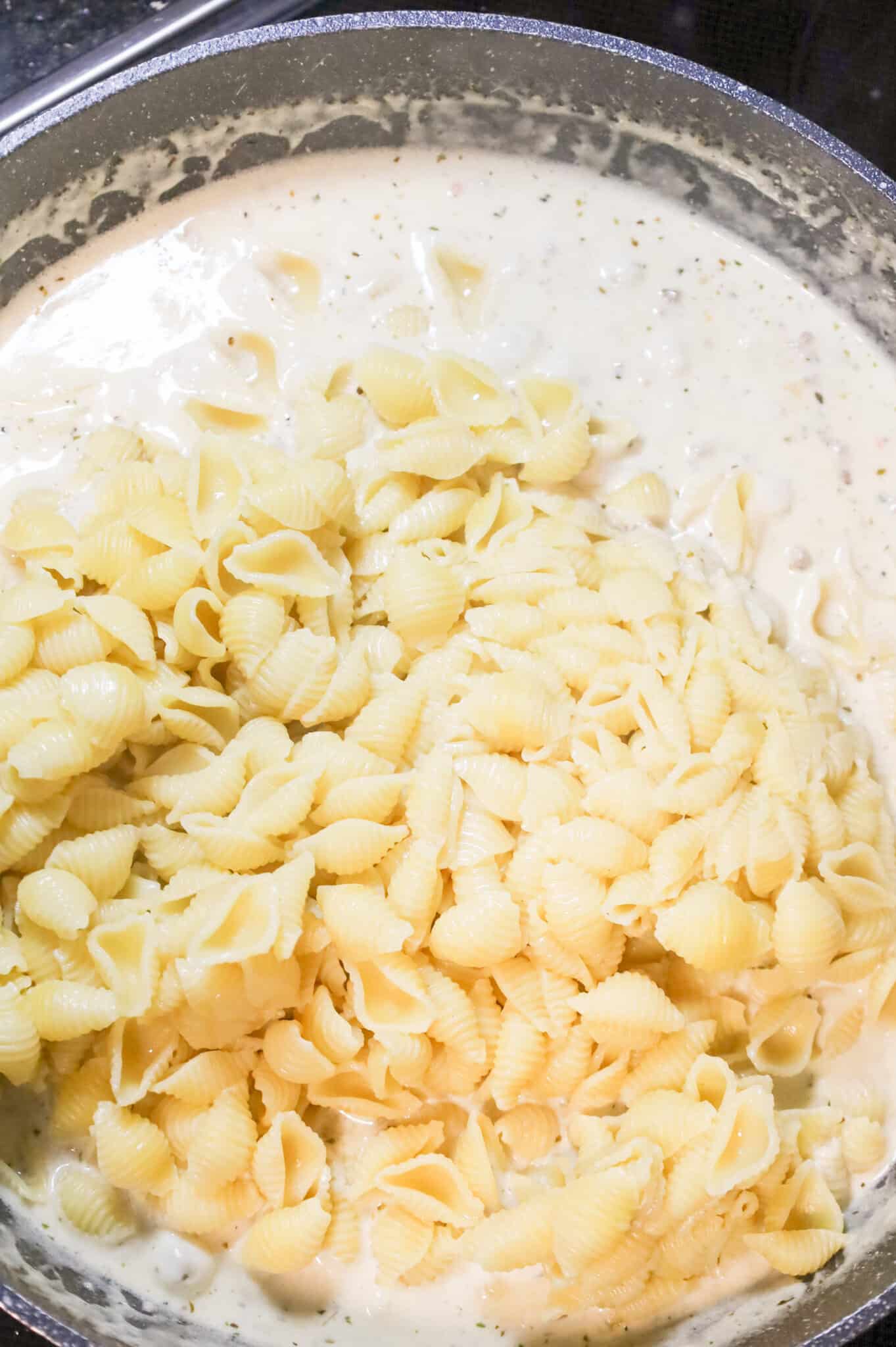 cooked pasta shells added to skillet with cream sauce