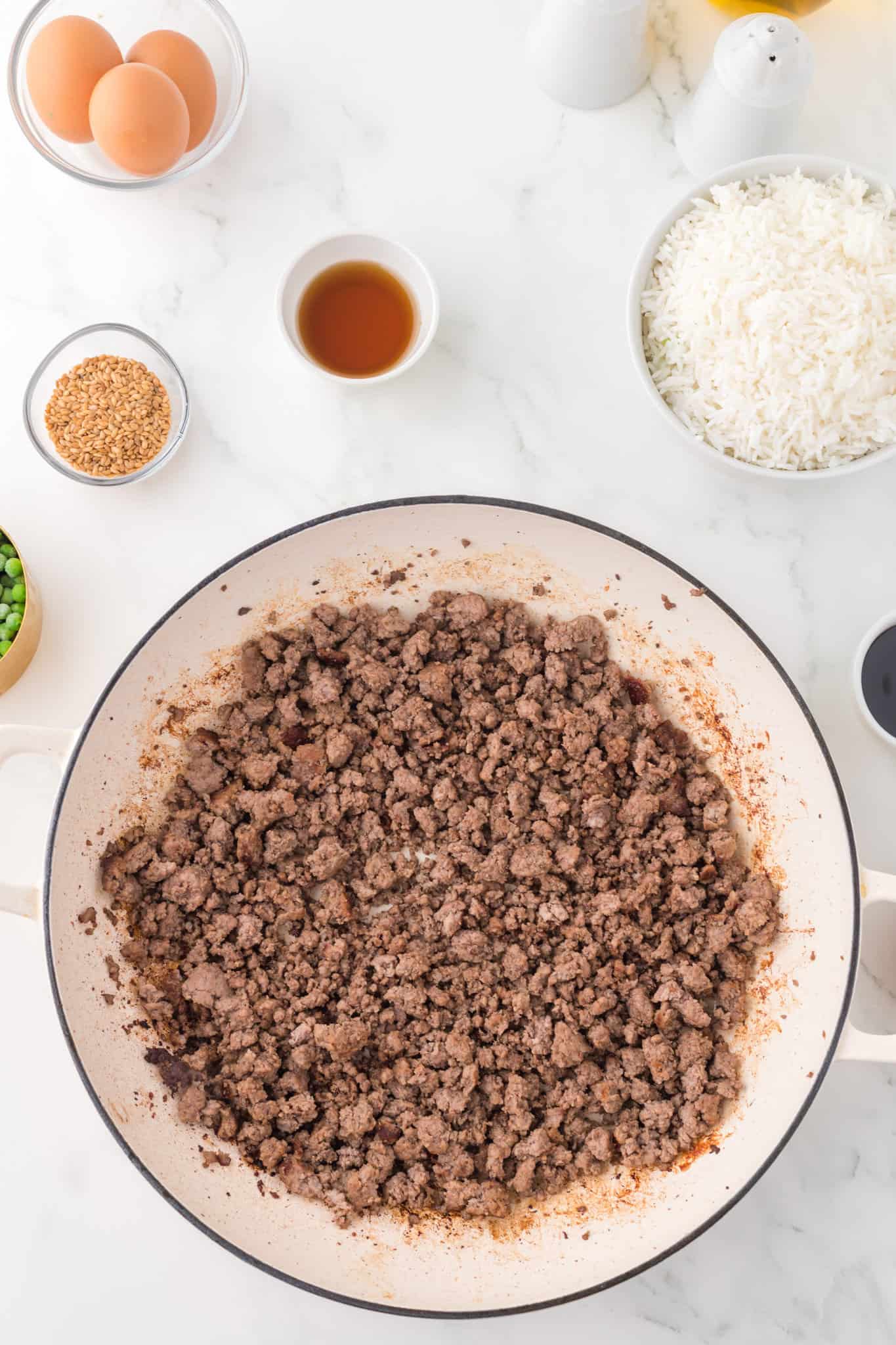 cooked ground beef in a skillet