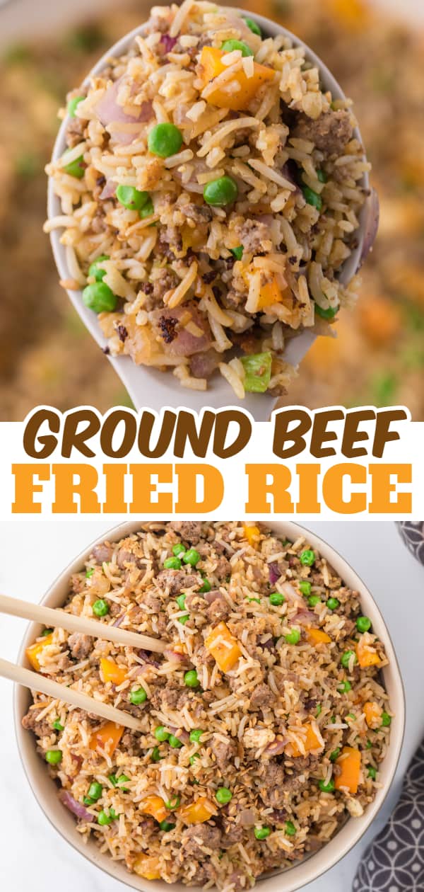 Ground Beef Fried Rice is an easy dinner recipe made with long grain rice and loaded with ground beef, diced bell peppers, peas, sesame seeds and eggs.