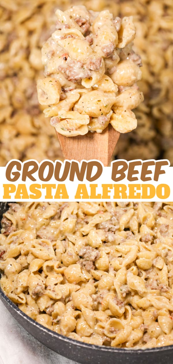 Ground Beef Alfredo is a creamy pasta recipe loaded with hamburger meat, garlic puree, Italian seasoning and parmesan cheese.