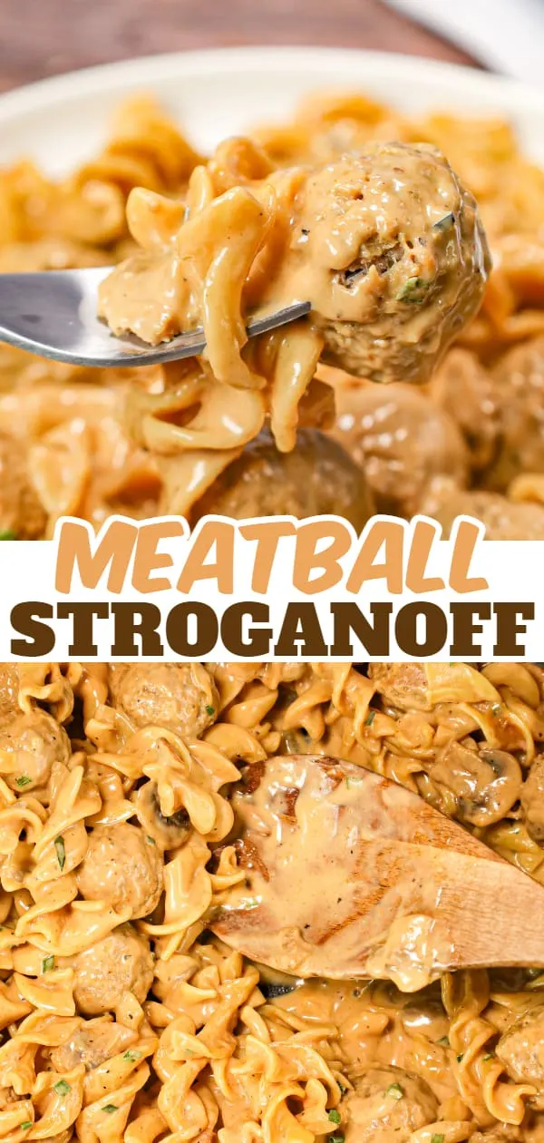 Meatball Stroganoff is an easy dinner recipe with egg noodles, diced onions, sliced mushrooms and store bought meatballs all tossed in a beef gravy and sour cream mixture.