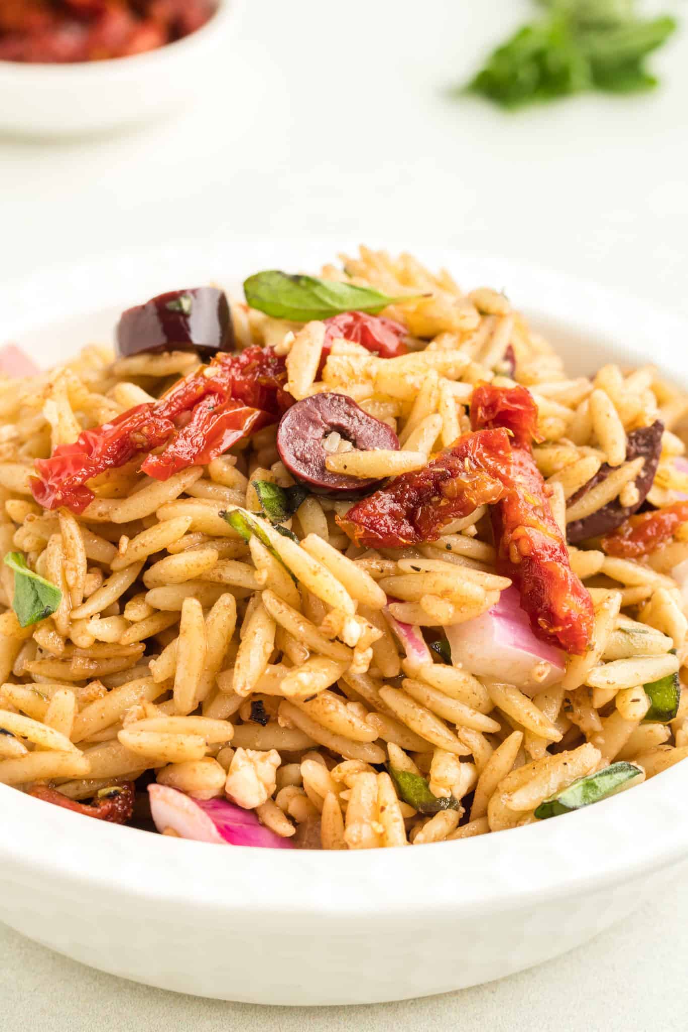 Mediterranean Orzo Pasta Salad is a delicious pasta loaded with sun dried tomatoes, red onions, Kalamata olives and feta cheese all tossed in a honey Dijon balsamic dressing.