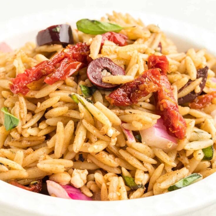 Mediterranean Orzo Pasta Salad is a delicious pasta loaded with sun dried tomatoes, red onions, Kalamata olives and feta cheese all tossed in a honey Dijon balsamic dressing.