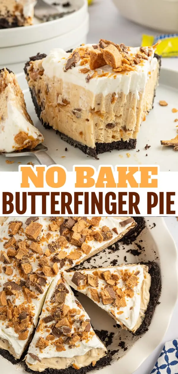 Butterfinger Pie is an easy no bake dessert recipe with an Oreo crust and a creamy peanut butter filling loaded with crumbled Butterfinger candy bars.