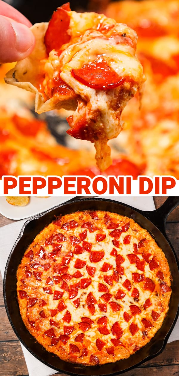 Pepperoni Dip is a delicious hot dip recipe made with cream cheese, ranch dressing, Italian seasoning, pizza sauce, mozzarella cheese, parmesan cheese and chopped pepperoni.