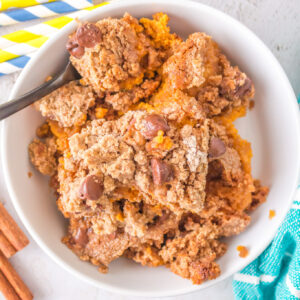 Pumpkin Dump Cake is an easy dessert recipe using canned pumpkin puree, sweetened condensed milk, boxed spice cake mix and milk chocolate chips.