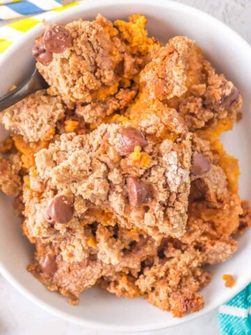 Pumpkin Dump Cake is an easy dessert recipe using canned pumpkin puree, sweetened condensed milk, boxed spice cake mix and milk chocolate chips.