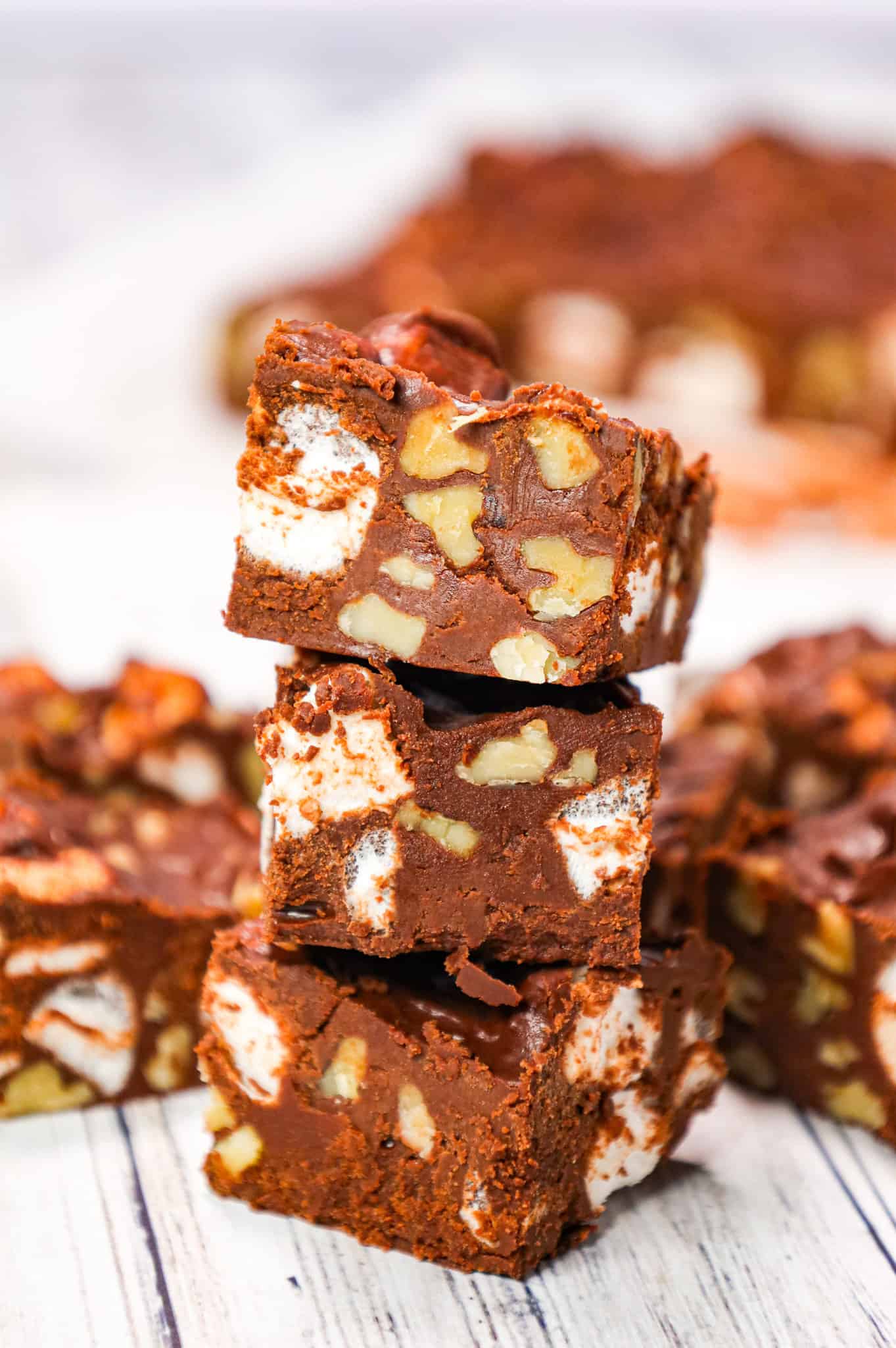 Rocky Road Fudge is an easy microwave fudge recipe loaded with semi sweet chocolate chips, chocolate frosting, chopped walnuts and mini marshmallows.