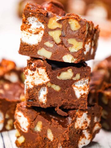 Rocky Road Fudge is an easy microwave fudge recipe loaded with semi sweet chocolate chips, chocolate frosting, chopped walnuts and mini marshmallows.