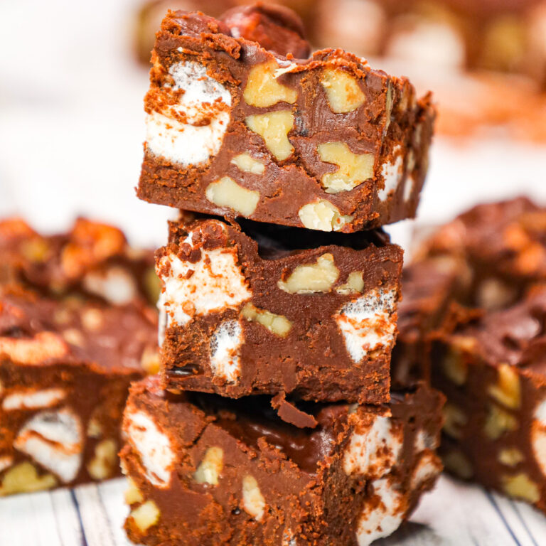 Rocky Road Fudge is an easy microwave fudge recipe loaded with semi sweet chocolate chips, chocolate frosting, chopped walnuts and mini marshmallows.