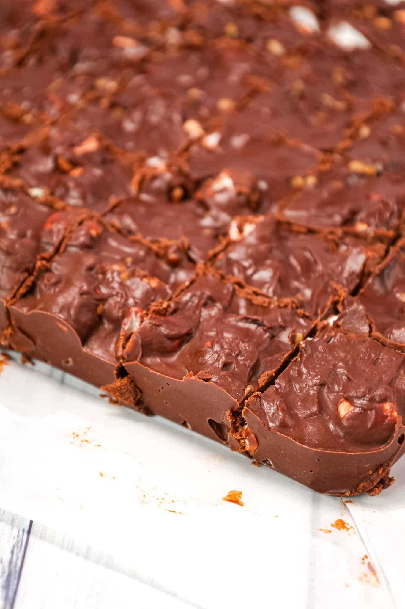 Rocky Road Fudge is an easy microwave fudge recipe loaded with semi sweet chocolate chips, chocolate frosting, chopped walnuts and mini marshmallows.