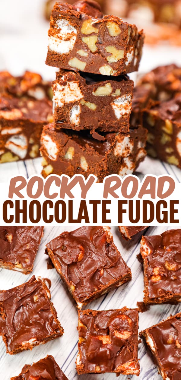 Rocky Road Fudge is an easy microwave fudge recipe loaded with semi sweet chocolate chips, chocolate frosting, chopped walnuts and mini marshmallows.