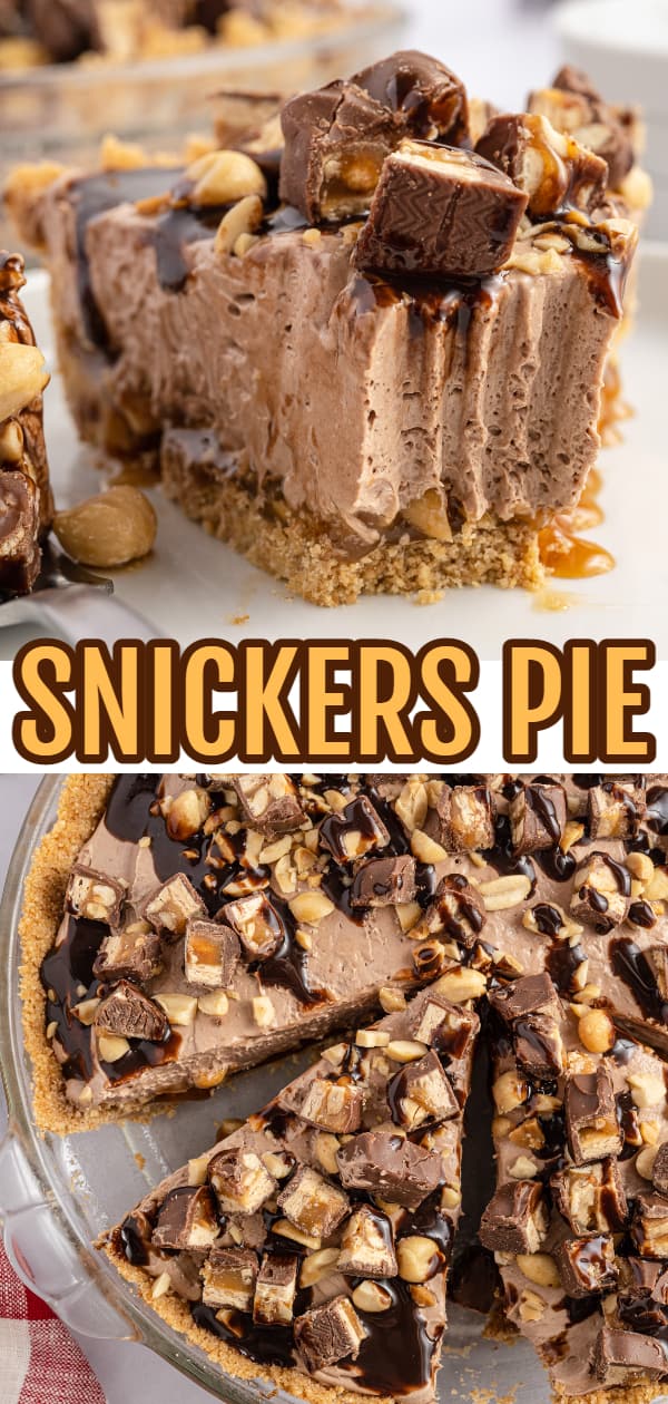 Snickers Pie is a delicious no bake dessert recipe with a graham cracker crust and a creamy filling made with cream cheese, cocoa powder, caramel sauce and Cool Whip all loaded with salted peanuts and chopped Snickers candy bars.