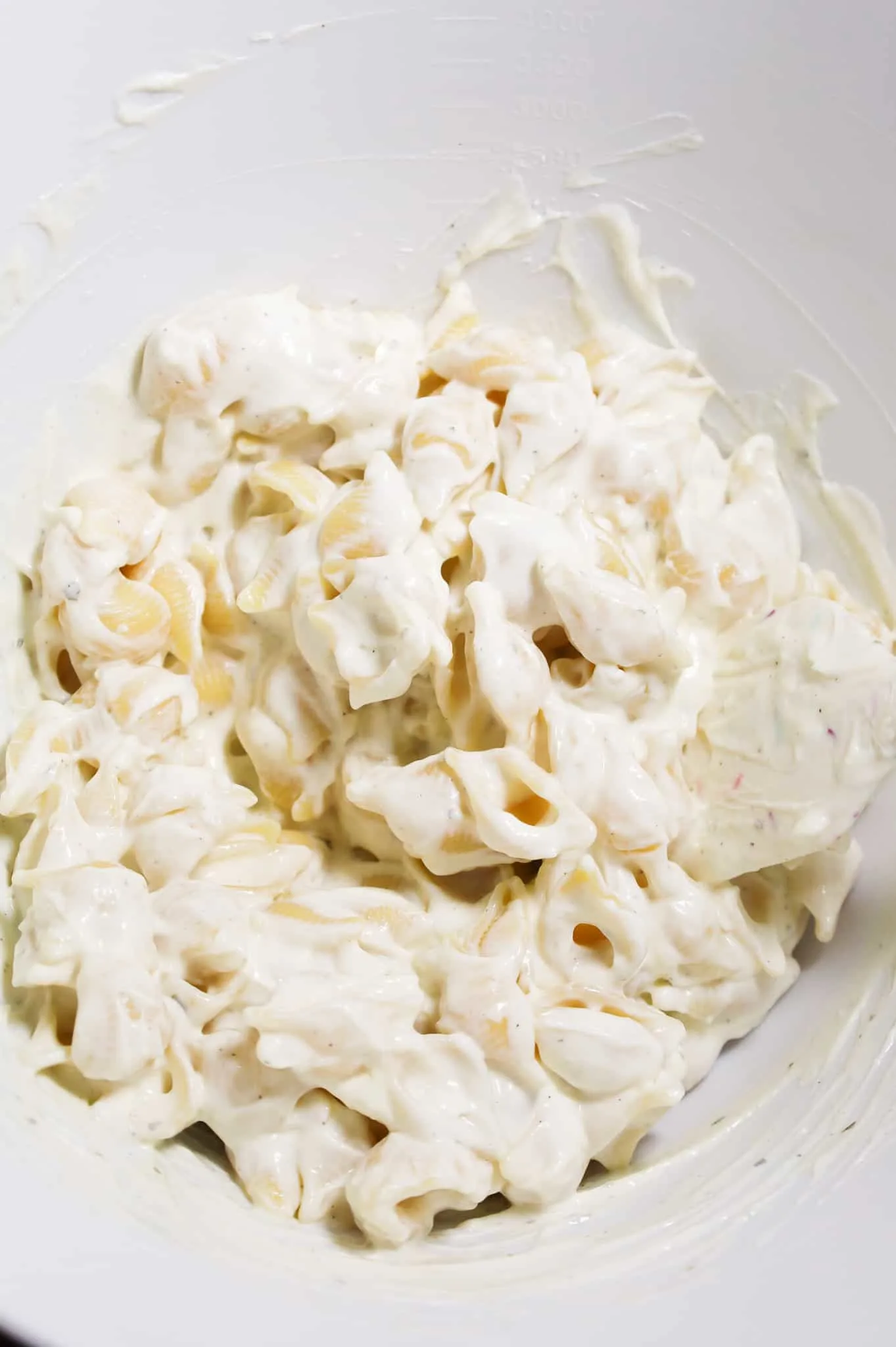 shell pasta tossed in sour cream and cream cheese mixture in a mixing bowl
