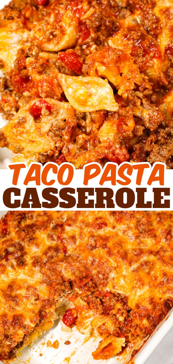 Taco Pasta Casserole is an easy ground beef pasta recipe made with shell loaded with sour cream, cream cheese, ranch dressing mix, taco seasoning, Rotel, tomato sauce and baked with shredded cheese.