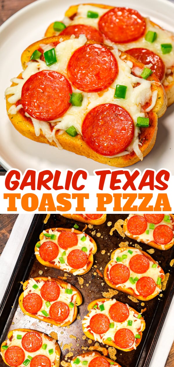 Texas Toast Pizza is an easy weeknight dinner recipe using frozen Texas toast garlic bread and topped with pizza sauce, shredded mozzarella cheese, pepperoni slices and green peppers.