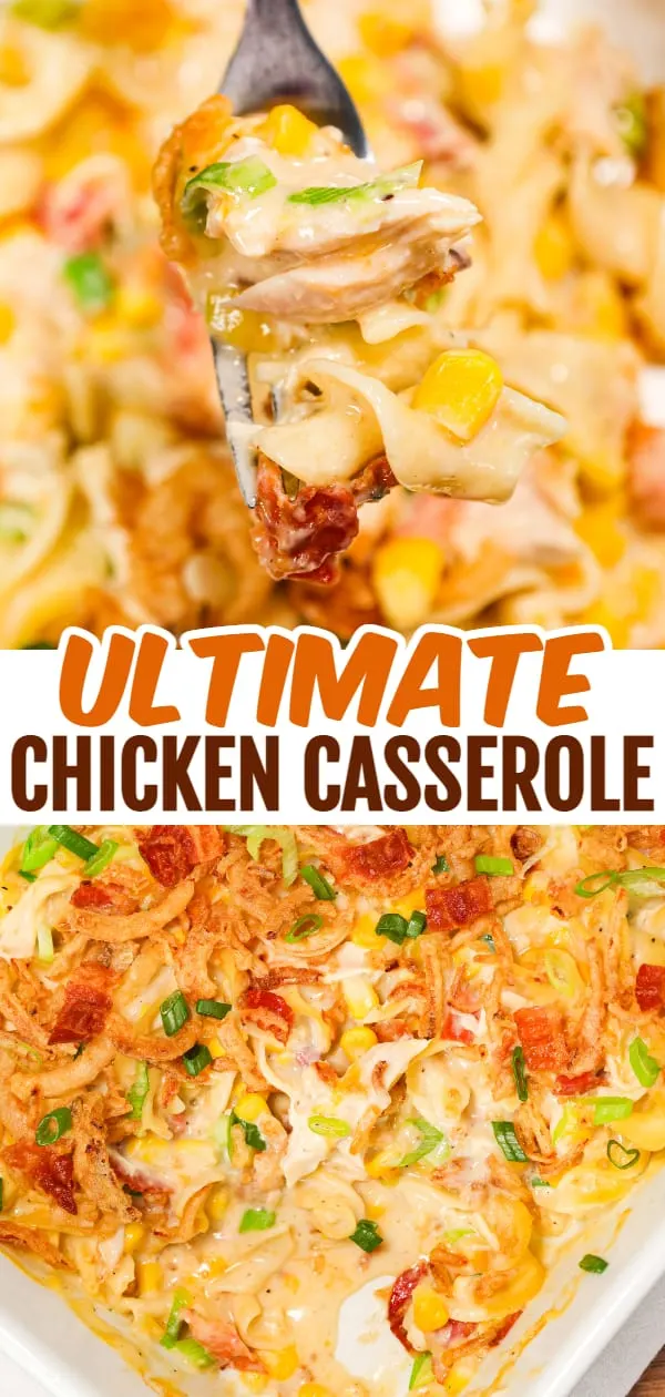 Ultimate Chicken Casserole is a hearty casserole loaded with egg noodles, shredded chicken, chopped bacon, green onions and shredded cheese all tossed in a creamy soup mixture and baked with French's crispy fried onions on top.