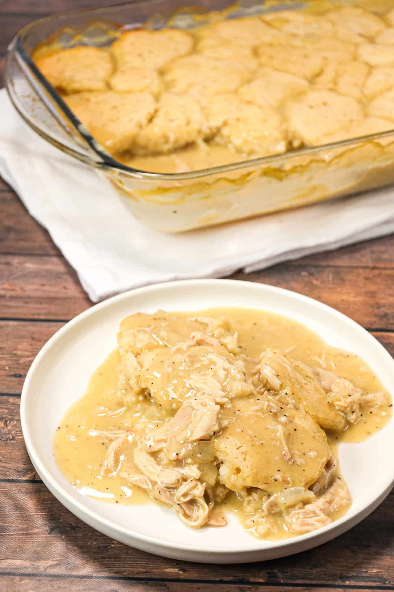 Baked Chicken and Dumplings is an easy dinner recipe using shredded rotisserie chicken, Bisquick, cream of chicken and chicken broth.