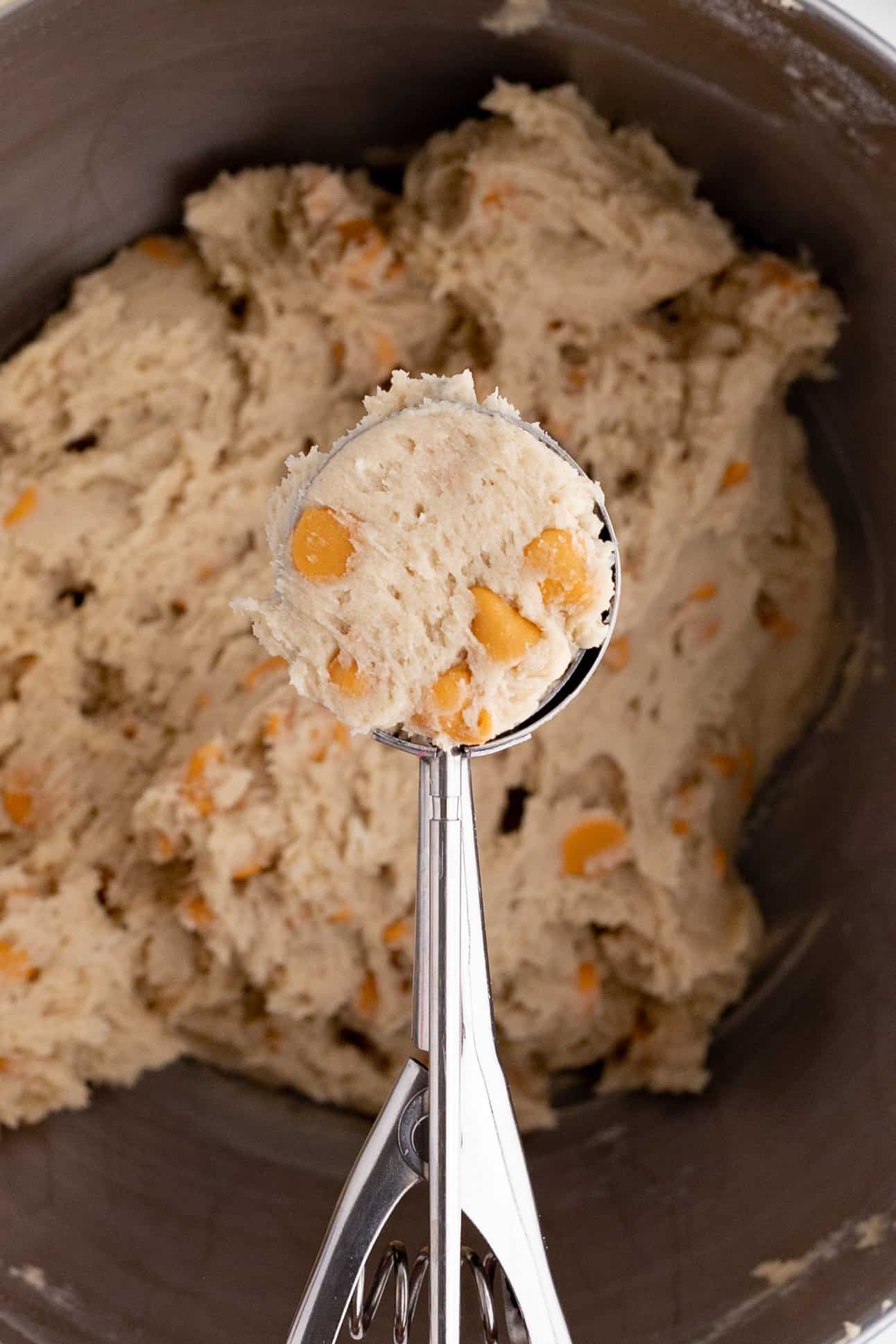 butterscotch cookie dough in a scoop