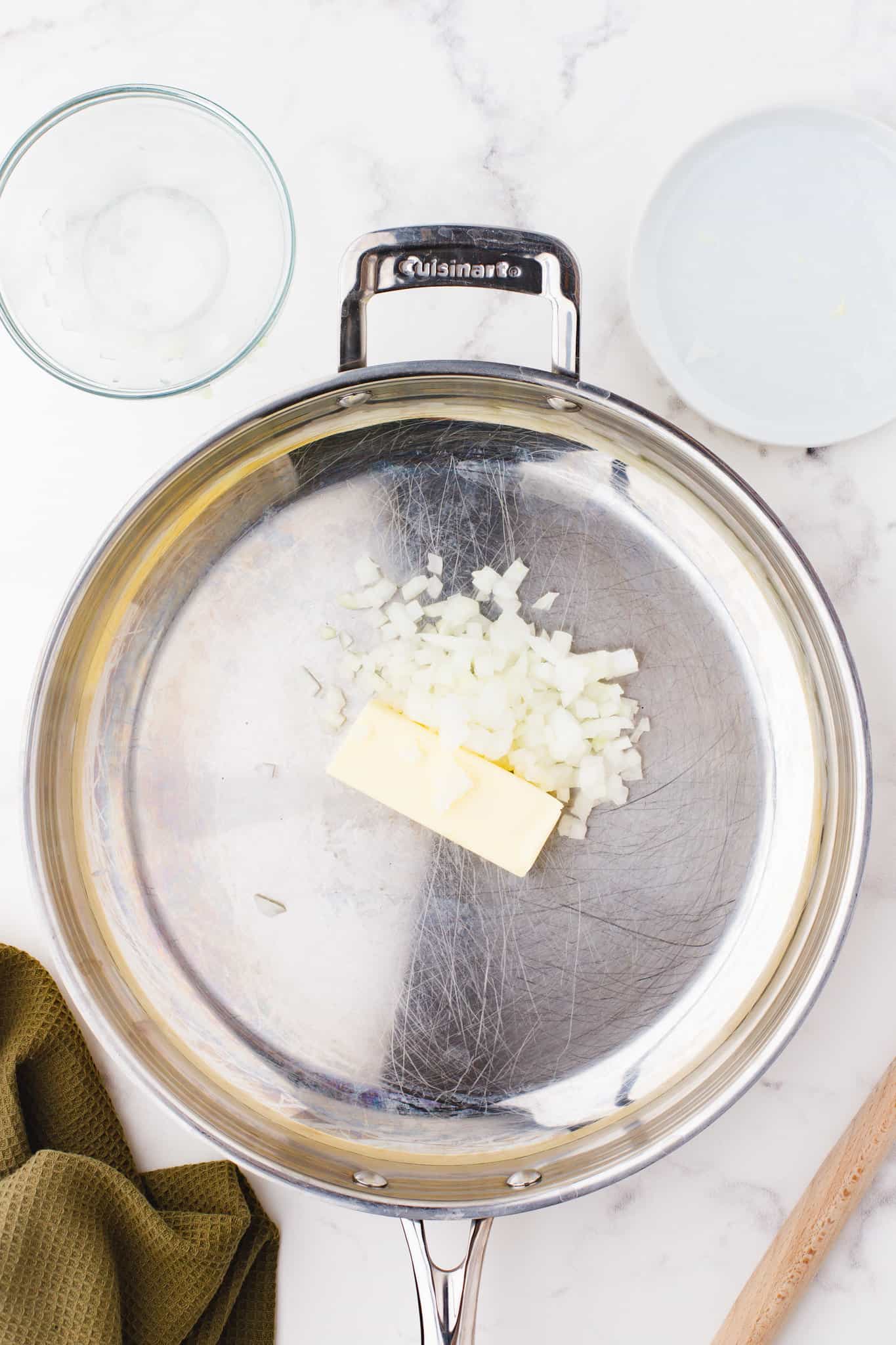 butter and diced onions in a skillet