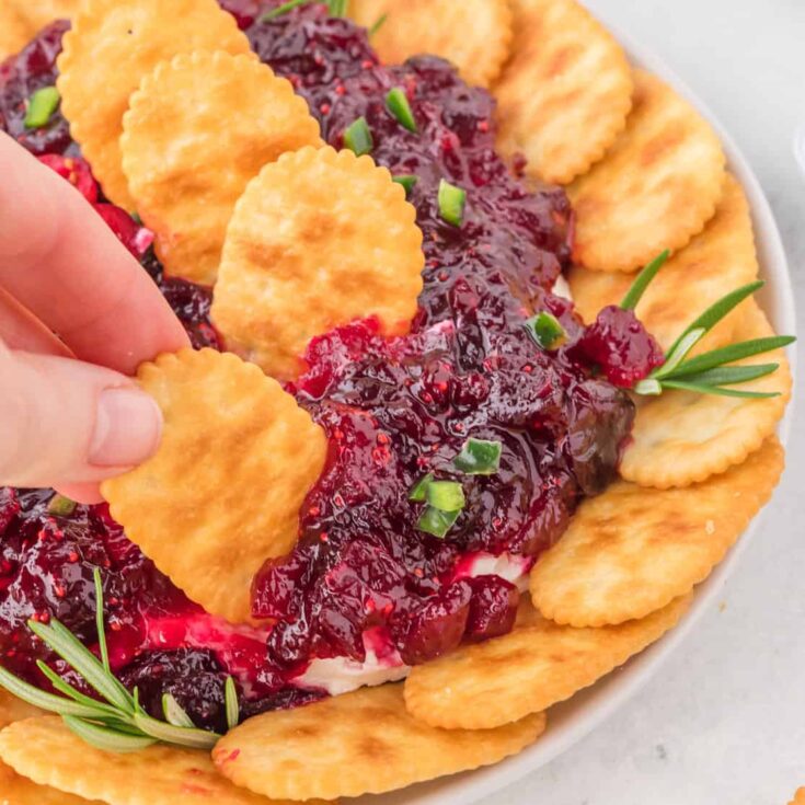 Cranberry Cream Cheese Dip is a delicious party dip recipe with a cream cheese jalapeno base topped with cranberry sauce.