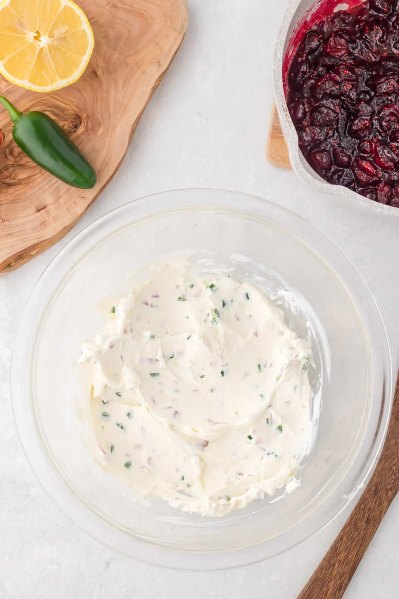 cream cheese, jalapeno and shallot mixture in a mixing bowl