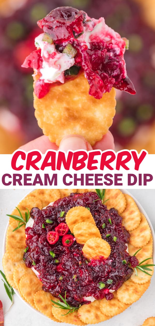 Cranberry Cream Cheese Dip is a delicious party dip recipe with a cream cheese jalapeno base topped with cranberry sauce.