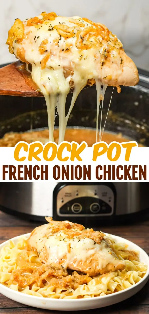 Crock Pot French Onion Chicken is an easy slow cooker chicken breasts recipe made with beef broth, onion soup mix, yellow onions, cream of chicken soup, provolone cheese and French's crispy fried onions.