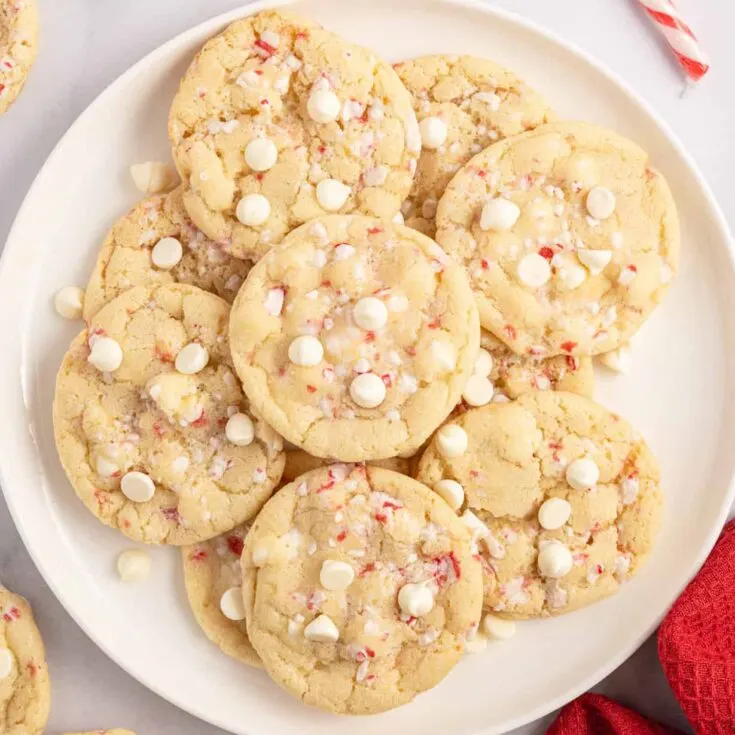 White Chocolate Peppermint Cookies are delicious chewy cookies loaded with white chocolate chips and candy cane pieces.