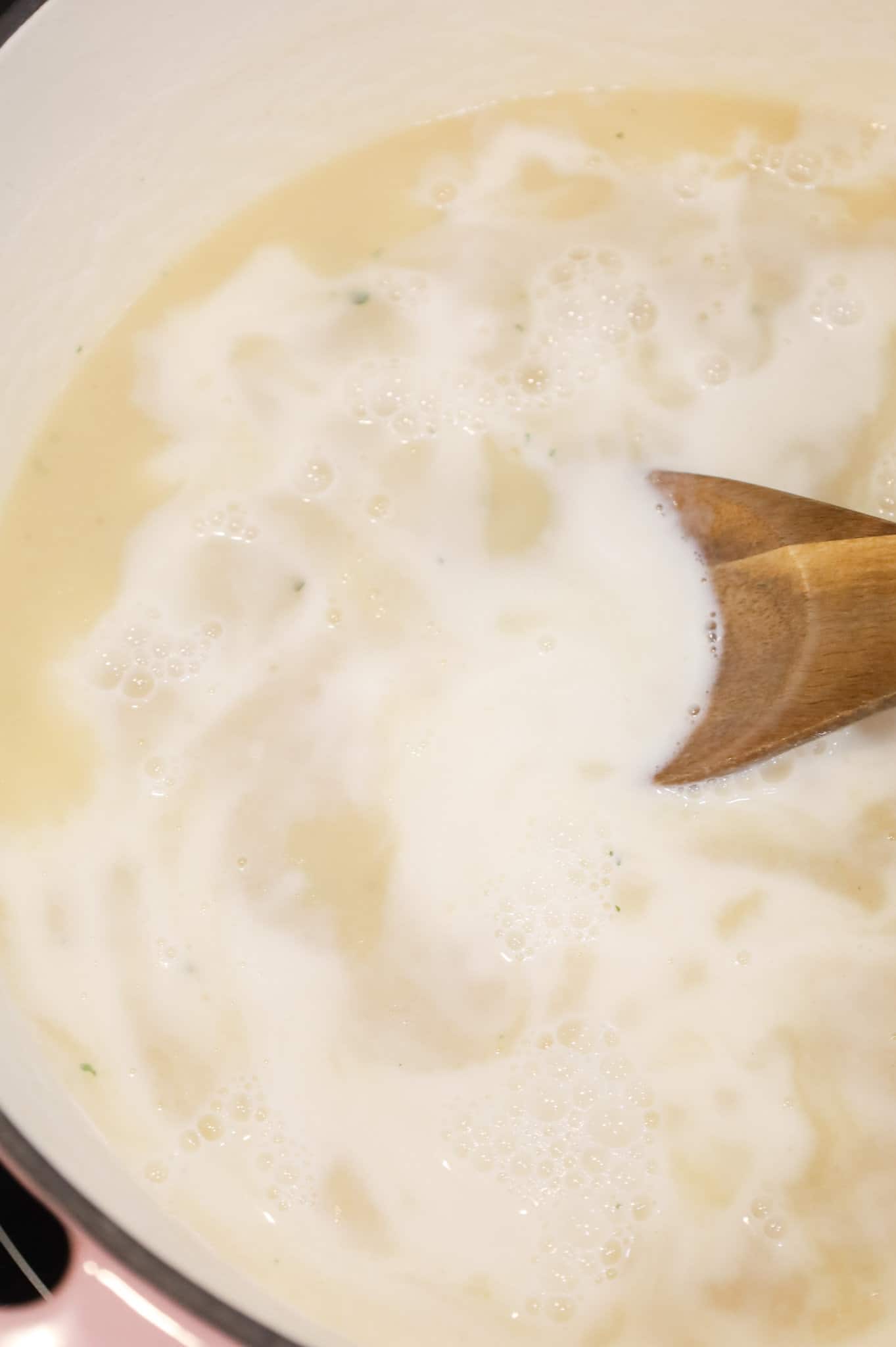 milk added to large pot with chicken broth and mashed potato mixture