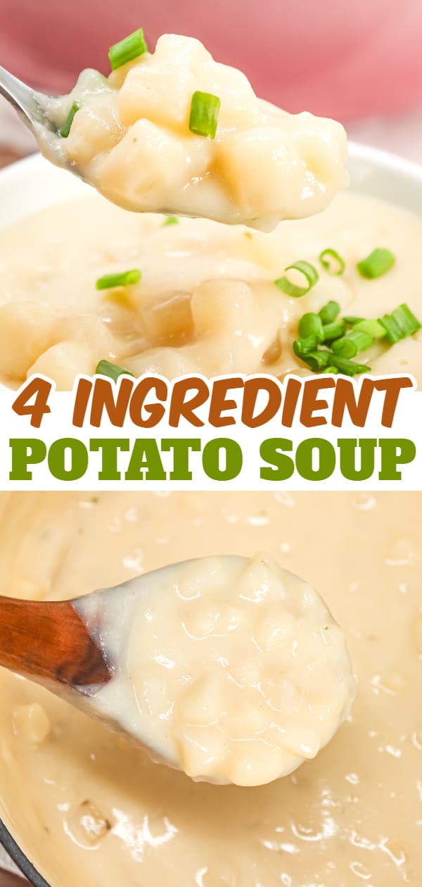 4 Ingredient Potato Soup is a simple hearty soup recipe made with roasted garlic flavoured instant mashed potatoes, frozen diced hashbrown potatoes, milk and chicken broth.