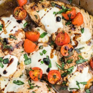 Caprese Chicken is a delicious chicken dish loaded with cherry tomatoes, fresh mozzarella, basil and balsamic vinaigrette.