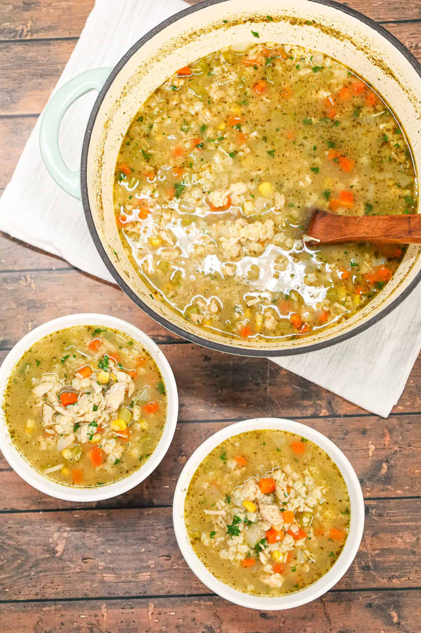 Chicken and Stars Soup is a hearty soup recipe loaded with chunks of chicken, onions, carrots, celery, corn and star shaped pasta.