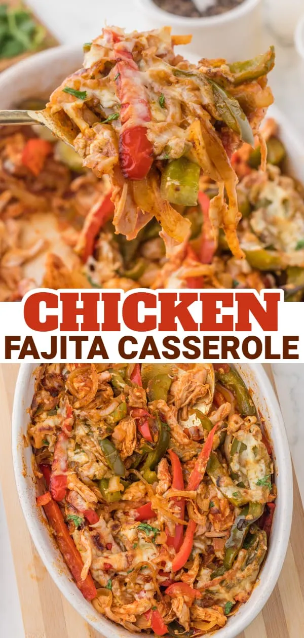 Chicken Fajita Casserole is a hearty casserole loaded with shredded chicken, bell peppers, onions, fajita seasoning, salsa and shredded cheddar cheese.