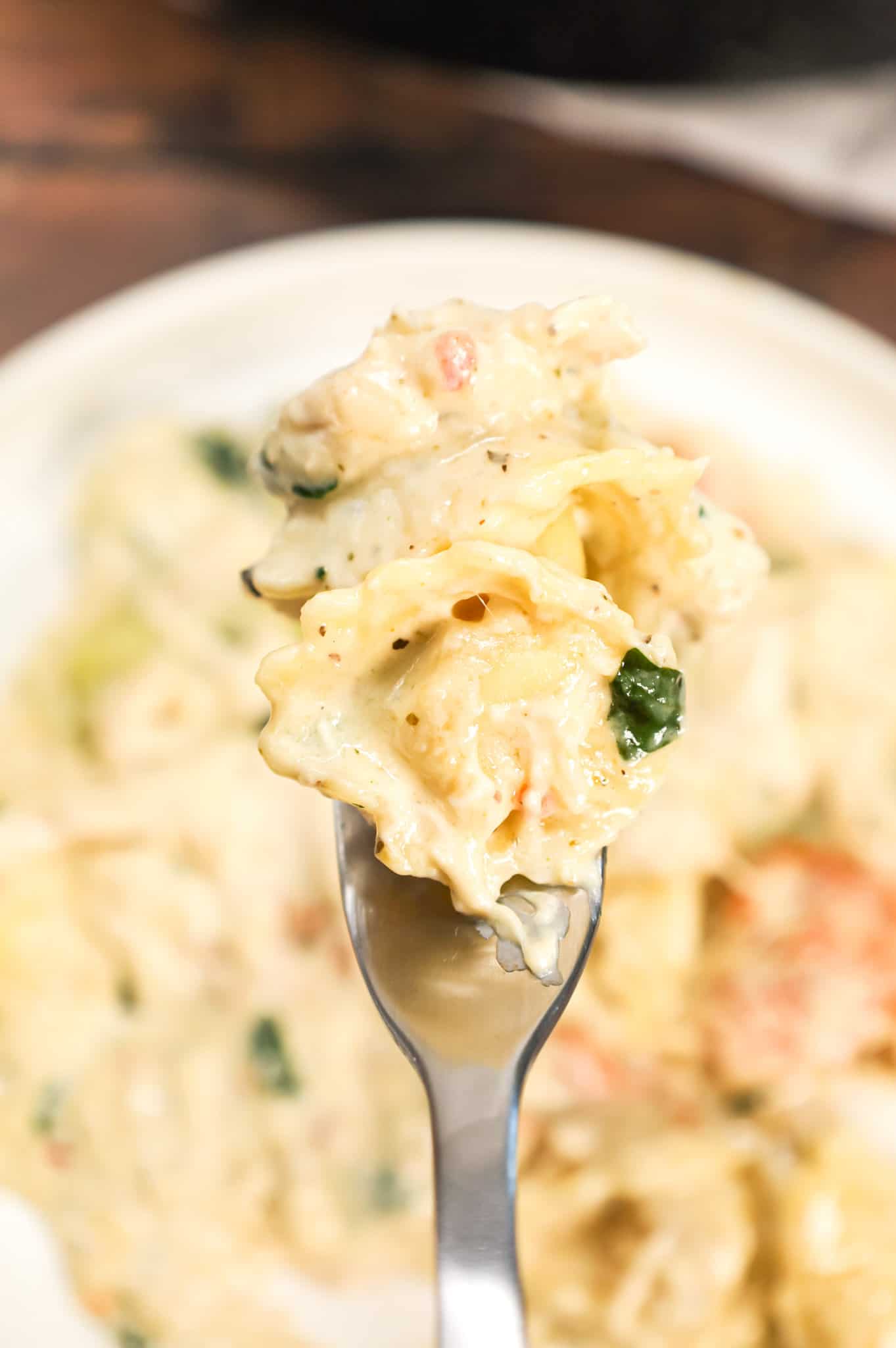 Chicken Tortellini Alfredo is an easy pasta recipe made with store bought cheese tortellini and shredded rotisserie chicken all tossed in a creamy garlic and parmesan sauce.