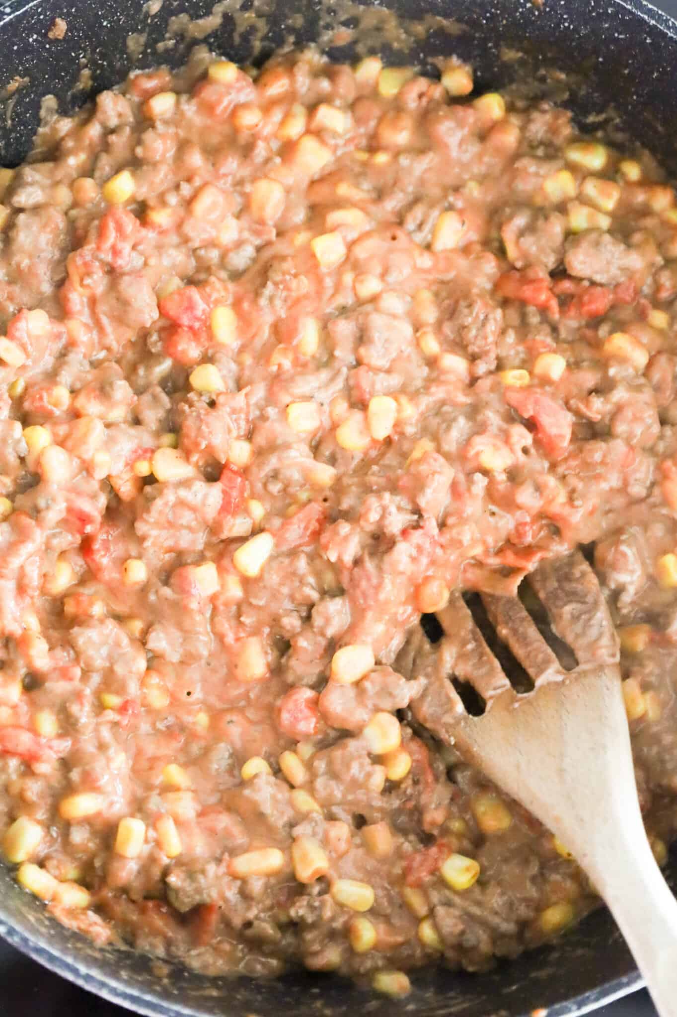 ground beef and soup mixture in a skillet