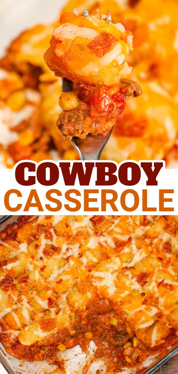 Cowboy Casserole is an easy ground beef casserole recipe loaded with diced tomatoes, corn, tater tots, shredded cheese and bacon.