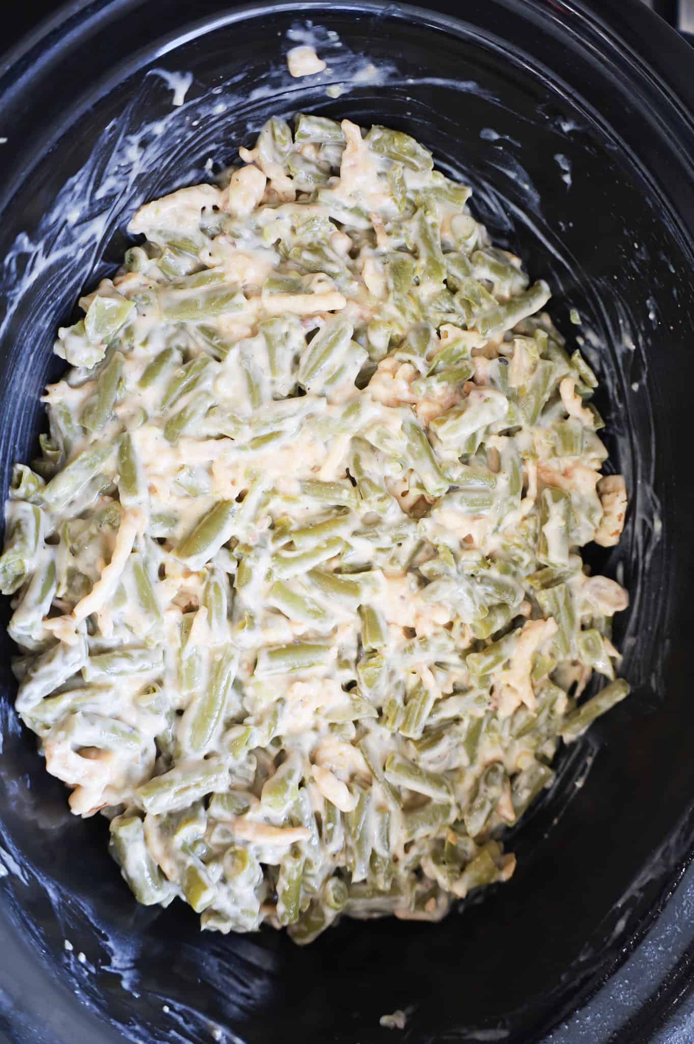 green bean, crispy onion and soup mixture in a crock pot