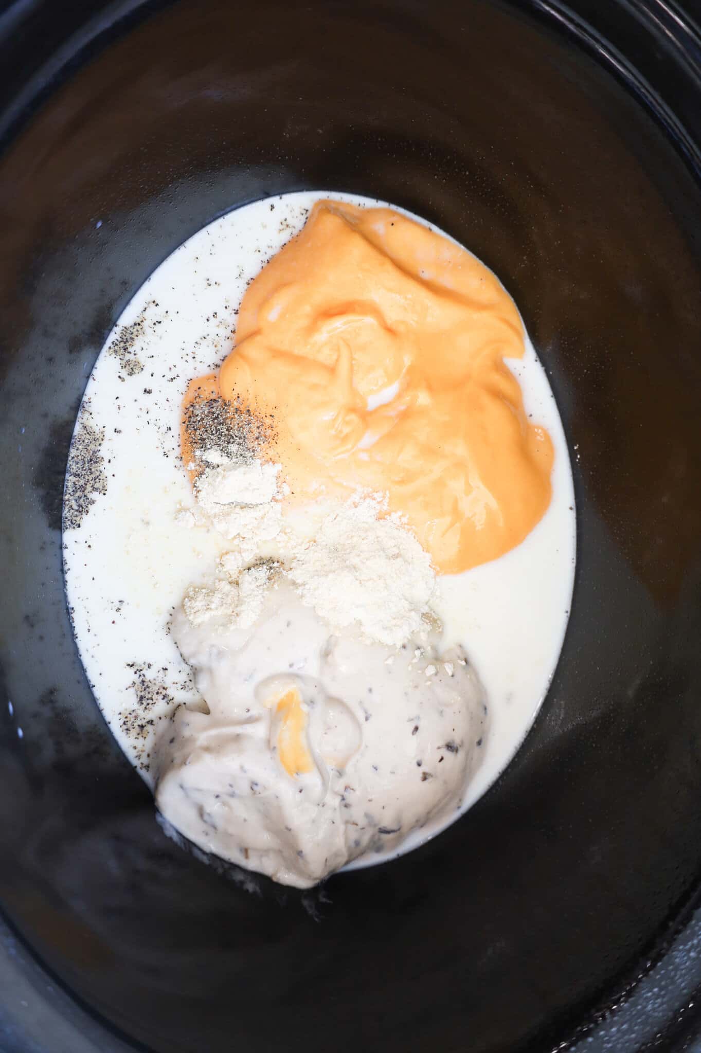 spices, milk, cheddar soup and mushroom soup in a crock pot