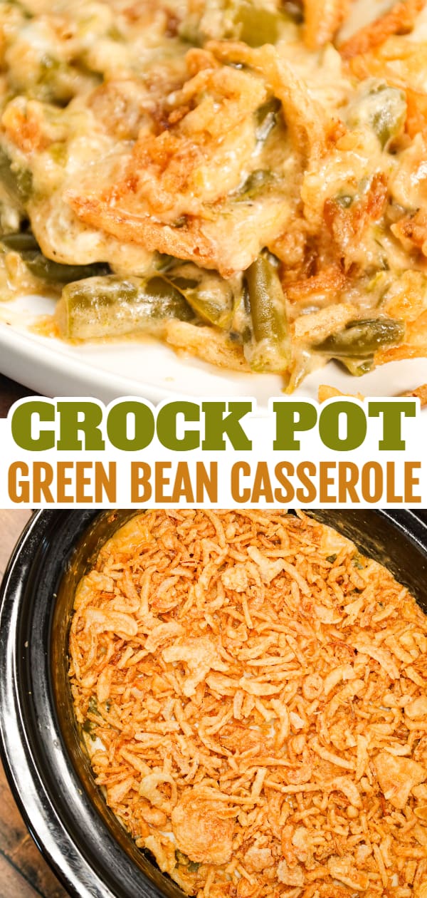 Crock Pot Green Bean Casserole is an easy slow cooker side dish recipe loaded with cut green beans, cream of mushroom soup, cheddar soup, cream cheese, provolone cheese and French's crispy fried onions.